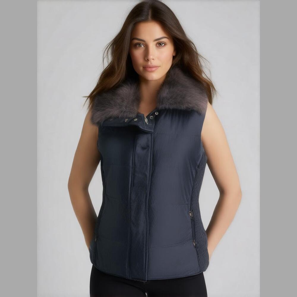 Tyler Boe Navy Blue Removal Fur Collar Zip Front Adjustable Puffer Vest Sz 8